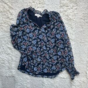 LOFT Navy Floral Blouse with Long Sleeves